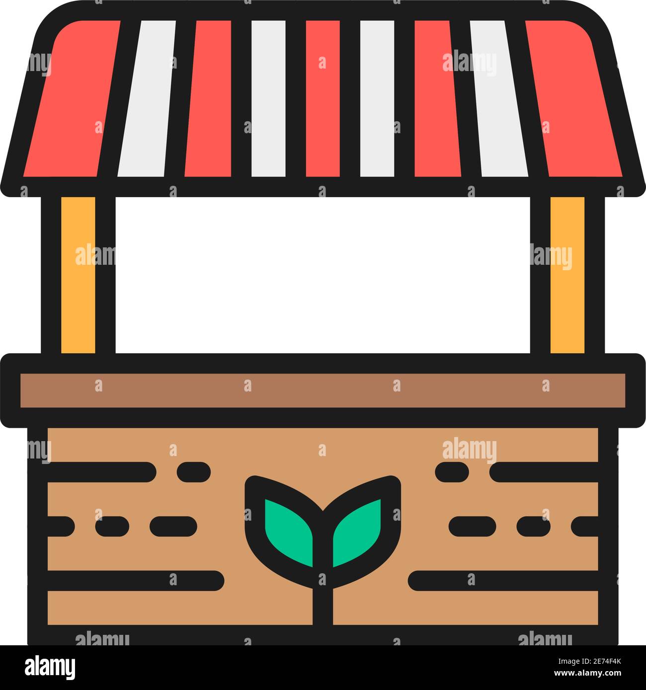 Bancarella contadina, mercato alimentare, tenda a strisce icona linea di colore piatto. Illustrazione Vettoriale