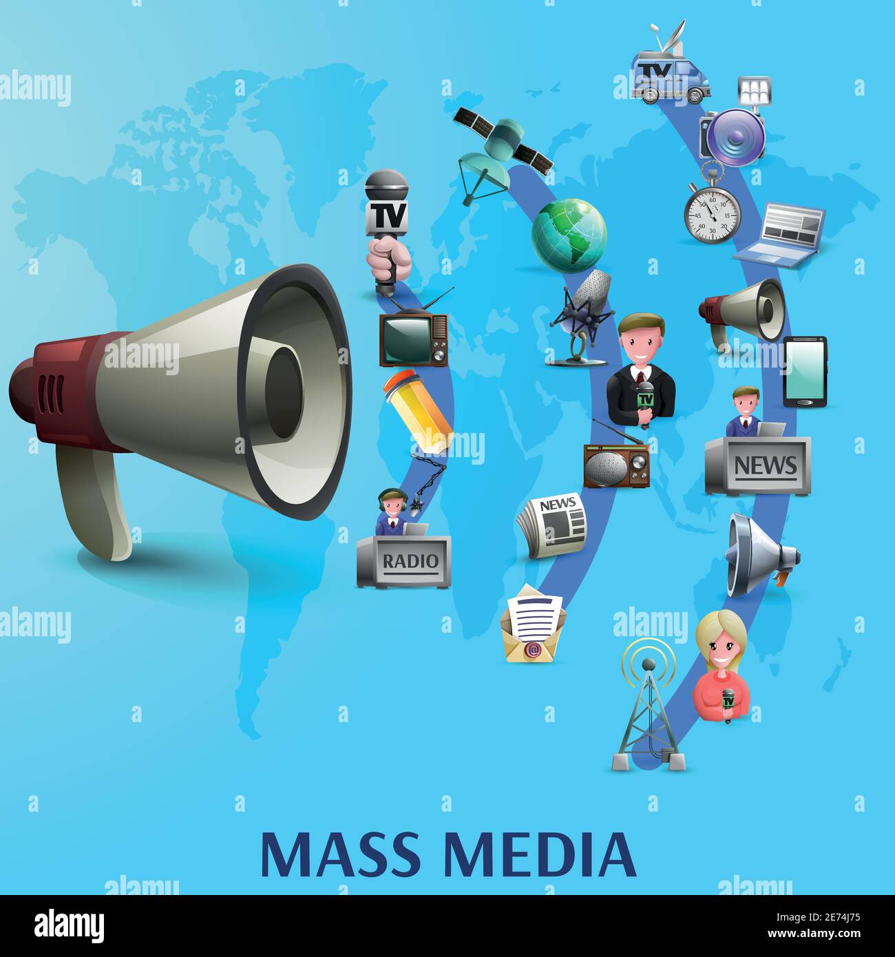 Poster dei media di massa con icone di news maker e dispositivi su onde da grande megafone cartoon illustrazione vettoriale Illustrazione Vettoriale