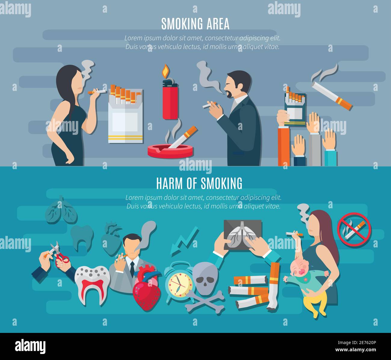 Set di striscioni orizzontali per fumare con elementi di rischio di dipendenza vettore isolato illustrazione Illustrazione Vettoriale