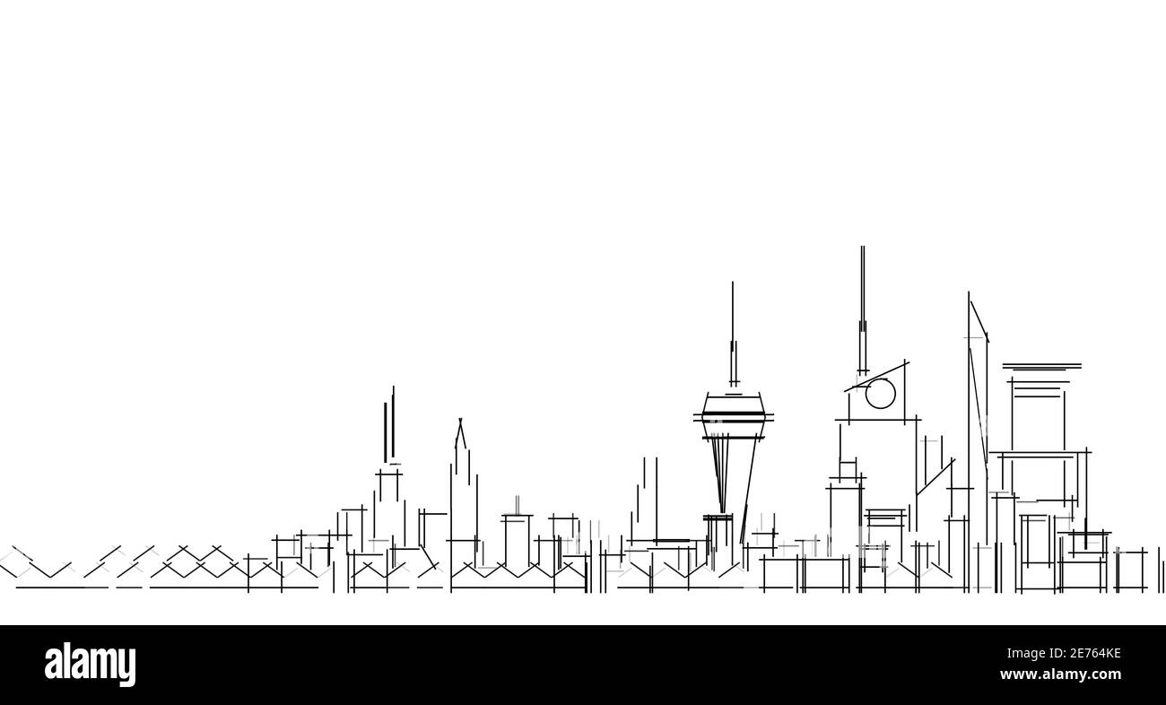 Wireframe, panorama, astratto dell'architettura, illustrazione 3d Foto Stock