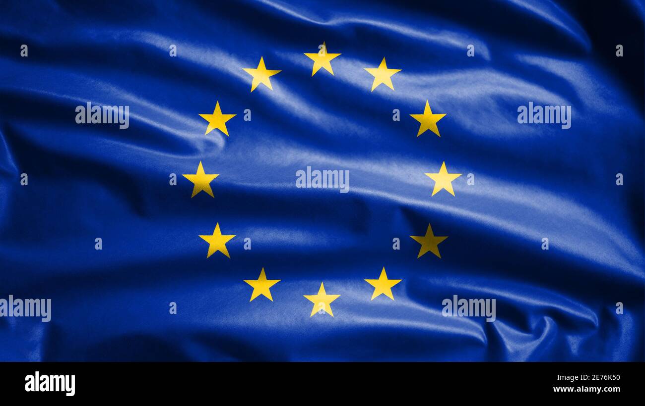 Bandiera dell'Unione europea che oscilla nel vento. Primo piano della soffiatura di striscioni in Europa, seta morbida e liscia. Tessuto tessuto tessuto tessitura segno sfondo. Usalo per na Foto Stock