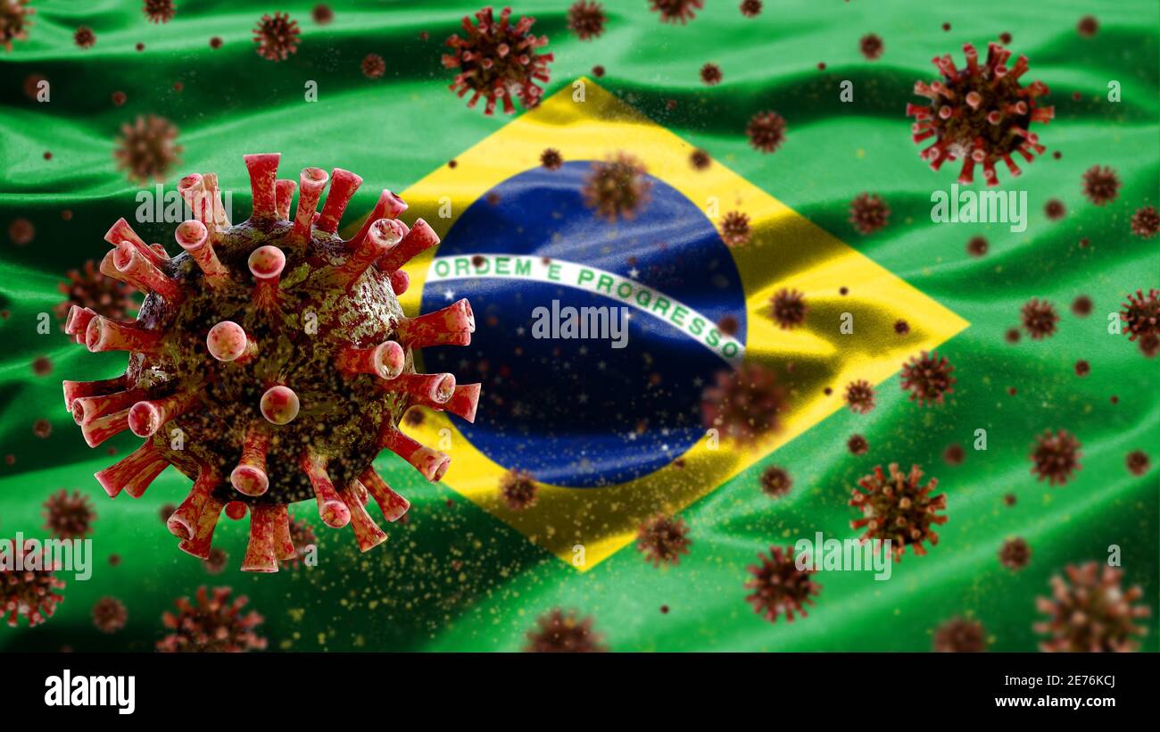 Bandiera brasiliana sventolando con l'epidemia di Coronavirus infettando le vie respiratorie come influenza pericolosa. Virus di tipo influenzale Covid 19 con il Brasile nazionale Foto Stock