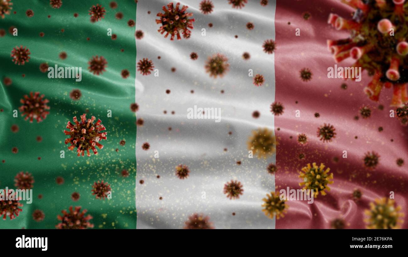 Coronavirus influenzale che galleggia sulla bandiera italiana, un patogeno che attacca le vie respiratorie. Bandiera italiana che svanita con pandemia di infezione da virus Covid19 Foto Stock