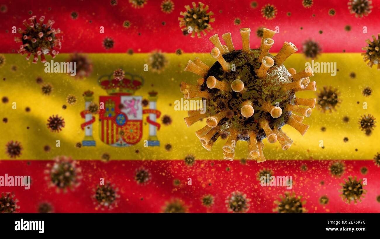 Bandiera spagnola sventolando con l'epidemia di Coronavirus infettando il sistema respiratorio come influenza pericolosa. Virus di tipo influenzale Covid 19 con divieto nazionale spagnolo Foto Stock