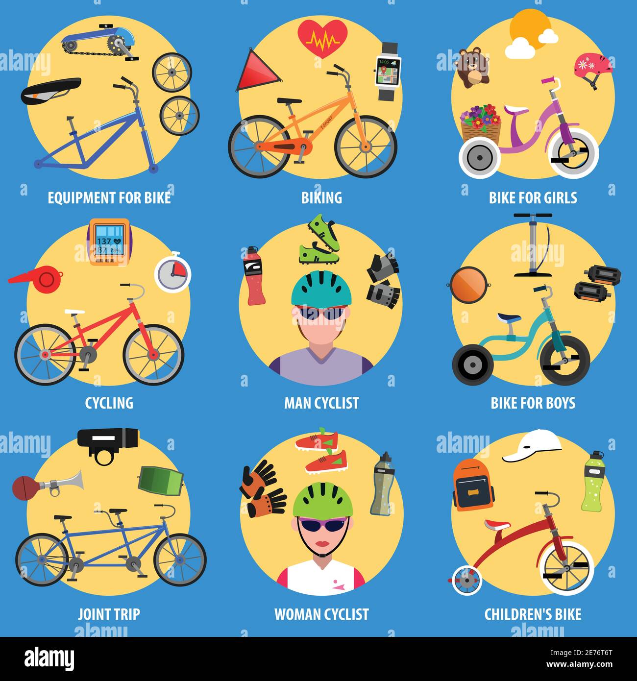 Icone decorative per biciclette con avatar per ciclisti uomo e donna illustrazione vettoriale isolata Illustrazione Vettoriale