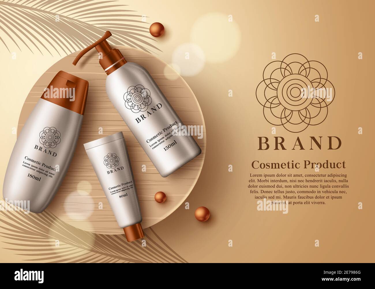 Prodotti cosmetici disegno modello vettoriale. Prodotti cosmetici mock up di crema solare e lozione in 3d realistico elemento bottiglia per la pelle estate marchio di cura. Illustrazione Vettoriale
