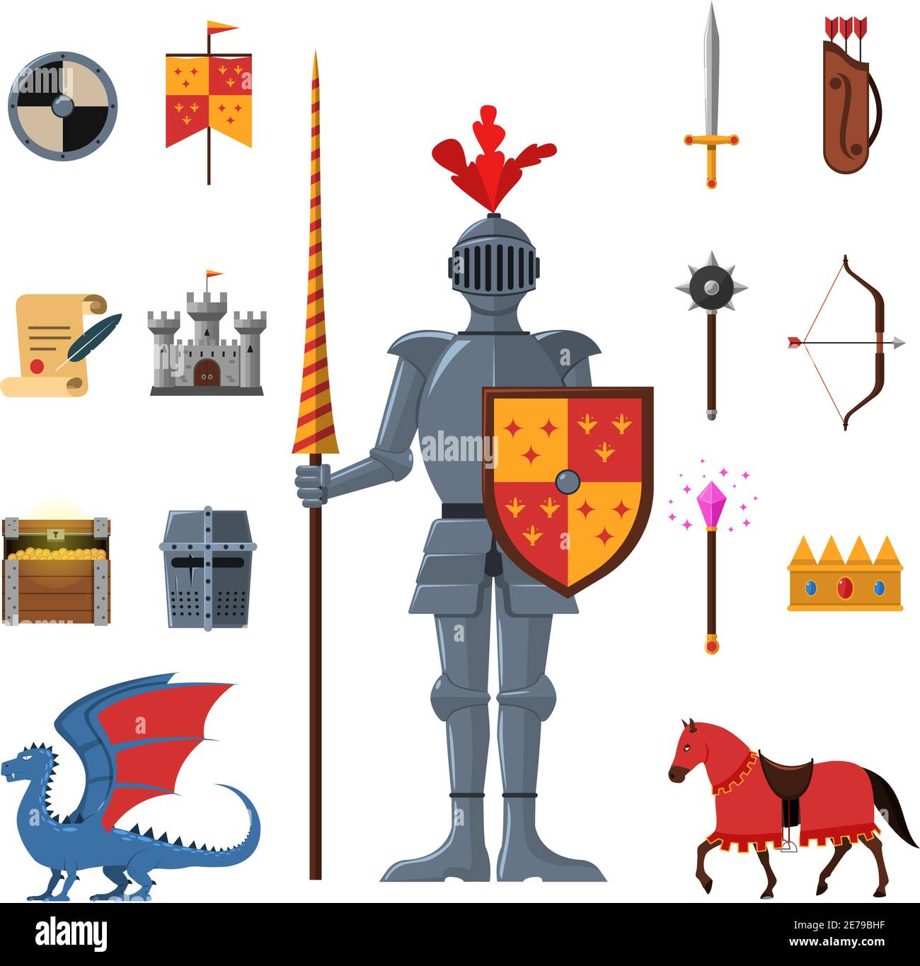 regno medievale leggendario guerriero cavaliere corazzato con lance e attributi icone piatte imposta l'illustrazione vettoriale isolata astratta Illustrazione Vettoriale