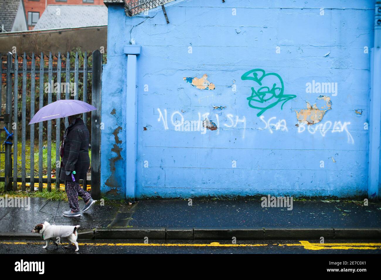 Graffiti al confine con il Mare d'Irlanda sulla Donegal Road a sud di Belfast, Irlanda del Nord Foto Stock