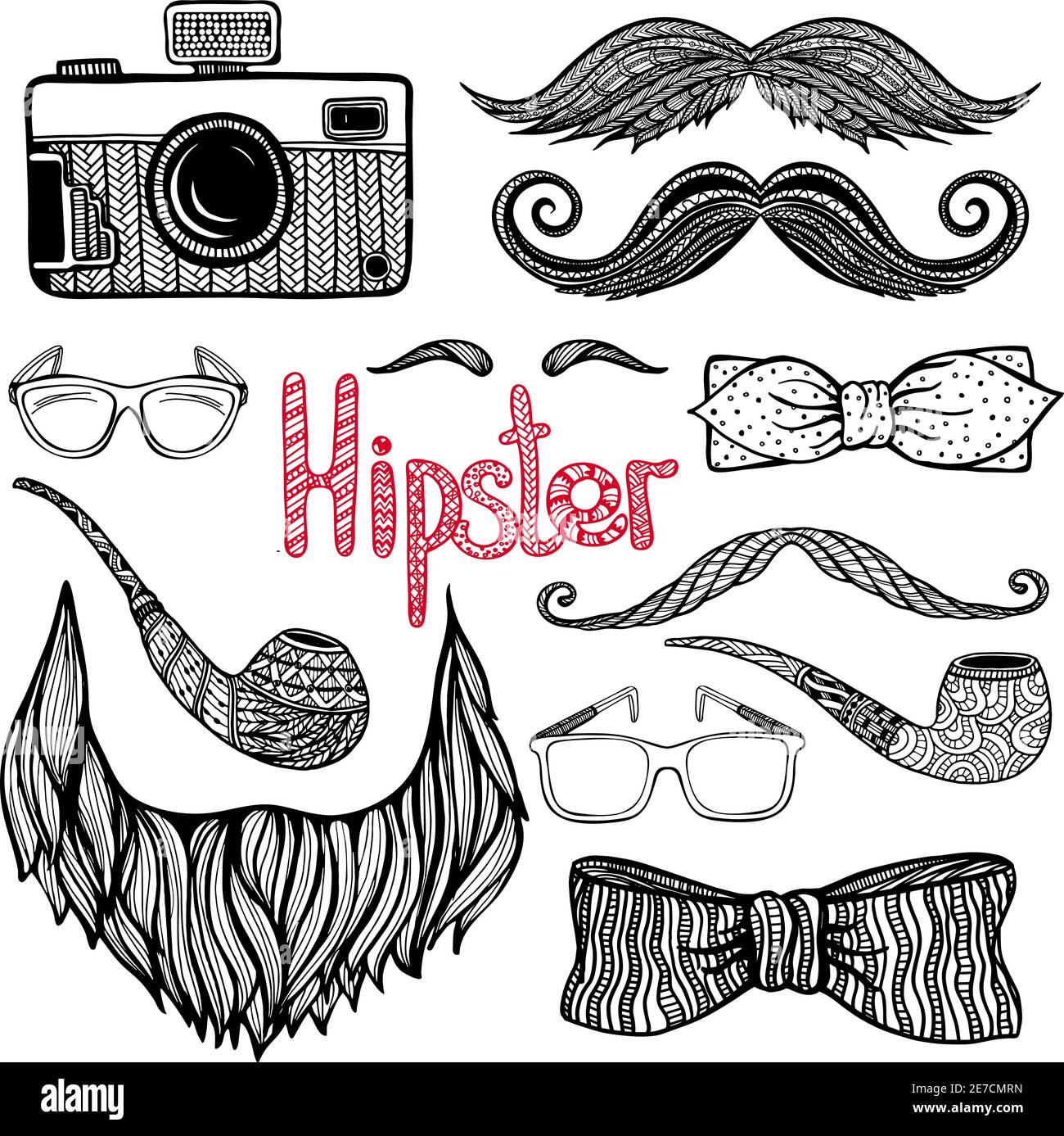 Baffi per barba hippster e accessori alla moda stile doodle icone nere raccolta astratta vettore isolato illustrazione Illustrazione Vettoriale