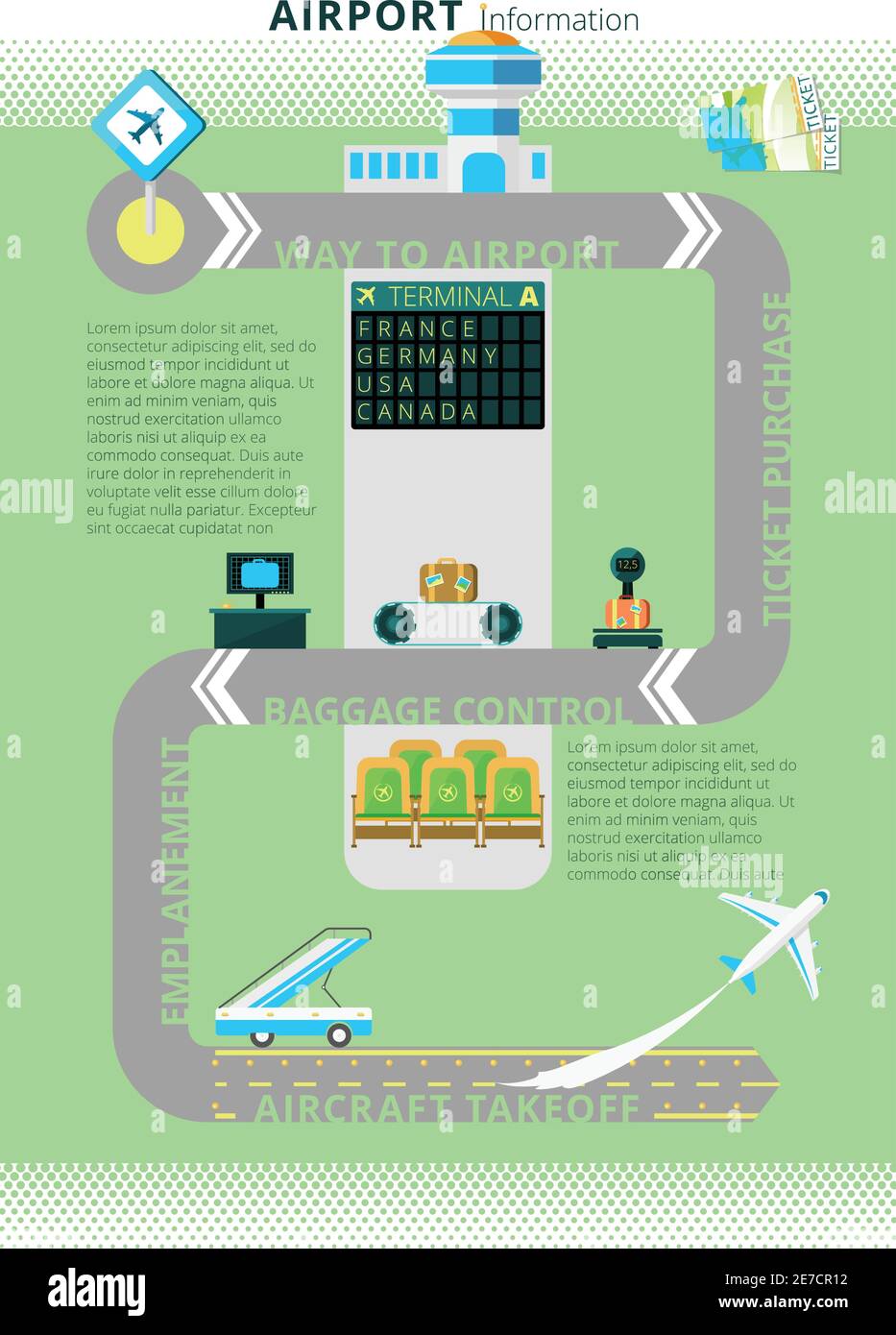 Scheda informativa sui voli aeroportuali combinata con visualizzazione digitale dello schema dell'infografica all'ingresso illustrazione vettoriale astratta Illustrazione Vettoriale