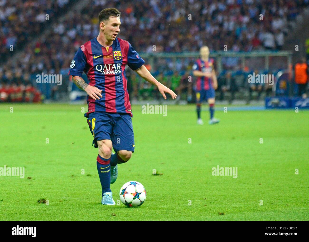 BERLINO, GERMANIA - 6 GIUGNO 2015: Lionel messi è stato raffigurato durante la finale della UEFA Champions League 2014/15 tra Juventus Torino e FC Barcelona all'Olympiastadion. Foto Stock