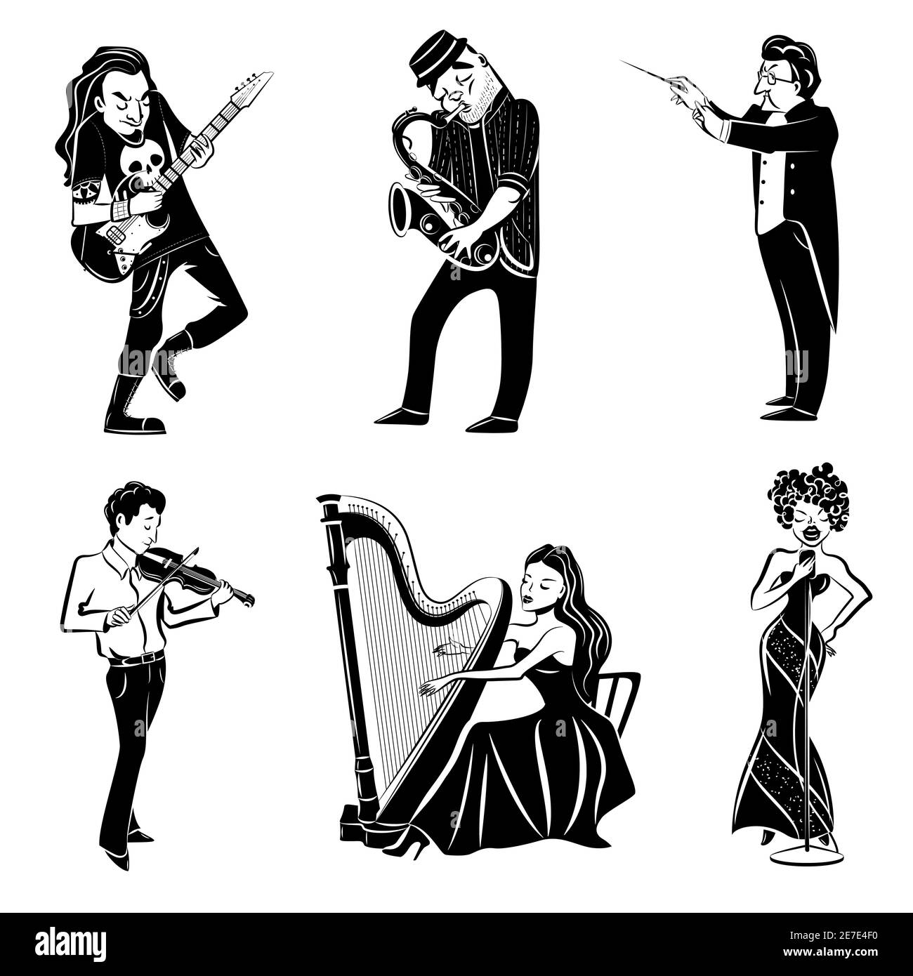 Musicisti che suonano sassofono di chitarra con violino arpa e direttore d'orchestra sinfonica le icone nere impostano l'illustrazione vettoriale isolata astratta Illustrazione Vettoriale