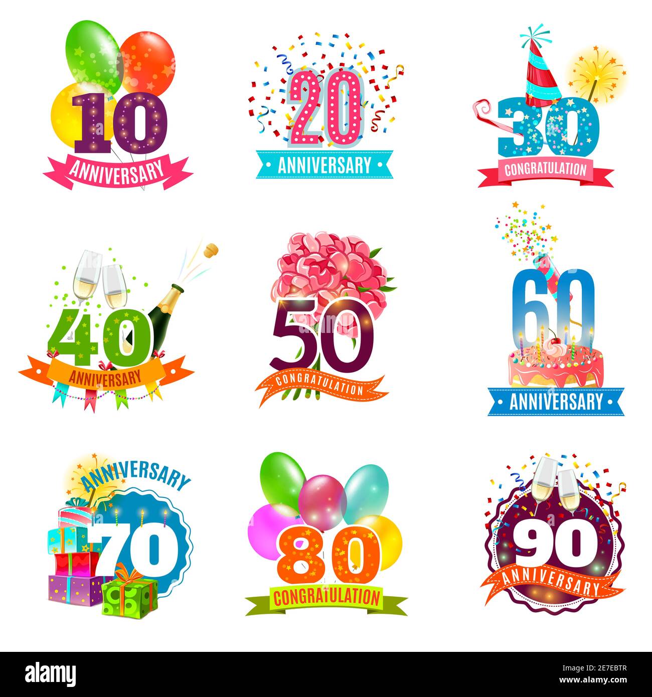Anniversario compleanno festivo emblemi icone set per carte regalo personalizzate e presenta un'illustrazione vettoriale isolata astratta colorata Illustrazione Vettoriale