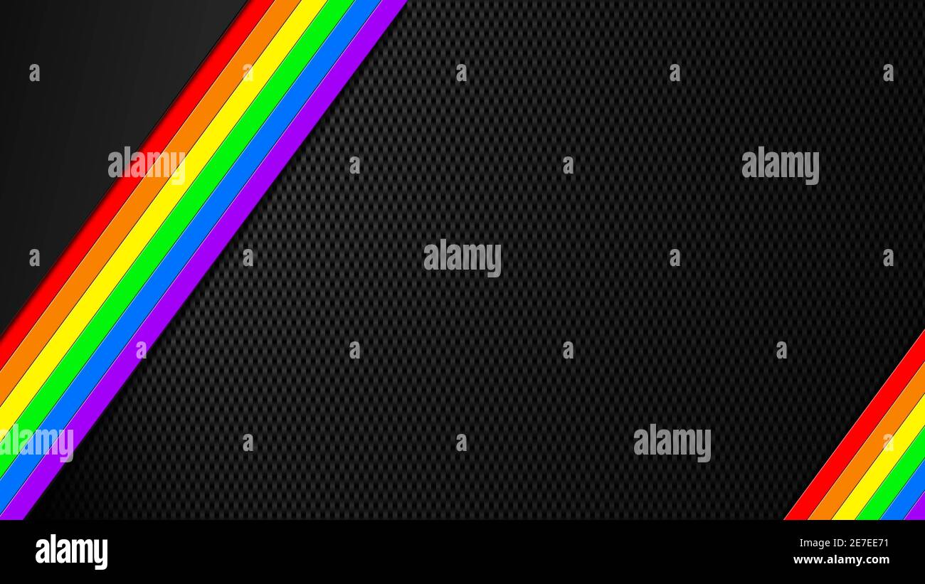 Elementi grafici in carbonio visualizzati su sfondo scuro - incorniciati con Strisce in colori arcobaleno - illustrazione 3D Foto Stock