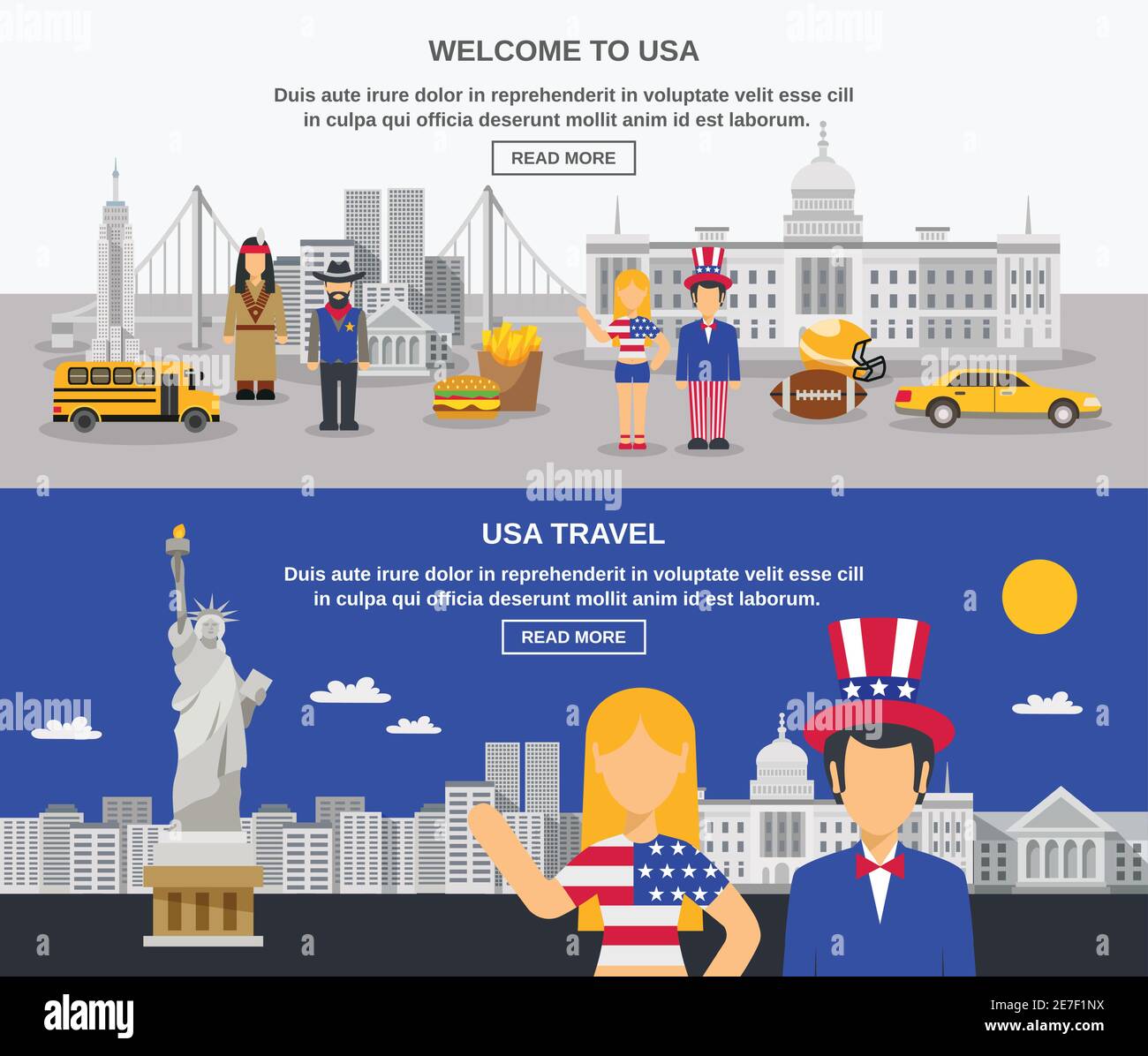 Viaggi culturali turismo USA informazioni online 2 banner piano design pagina web con simboli americani illustrazione vettoriale astratta Illustrazione Vettoriale