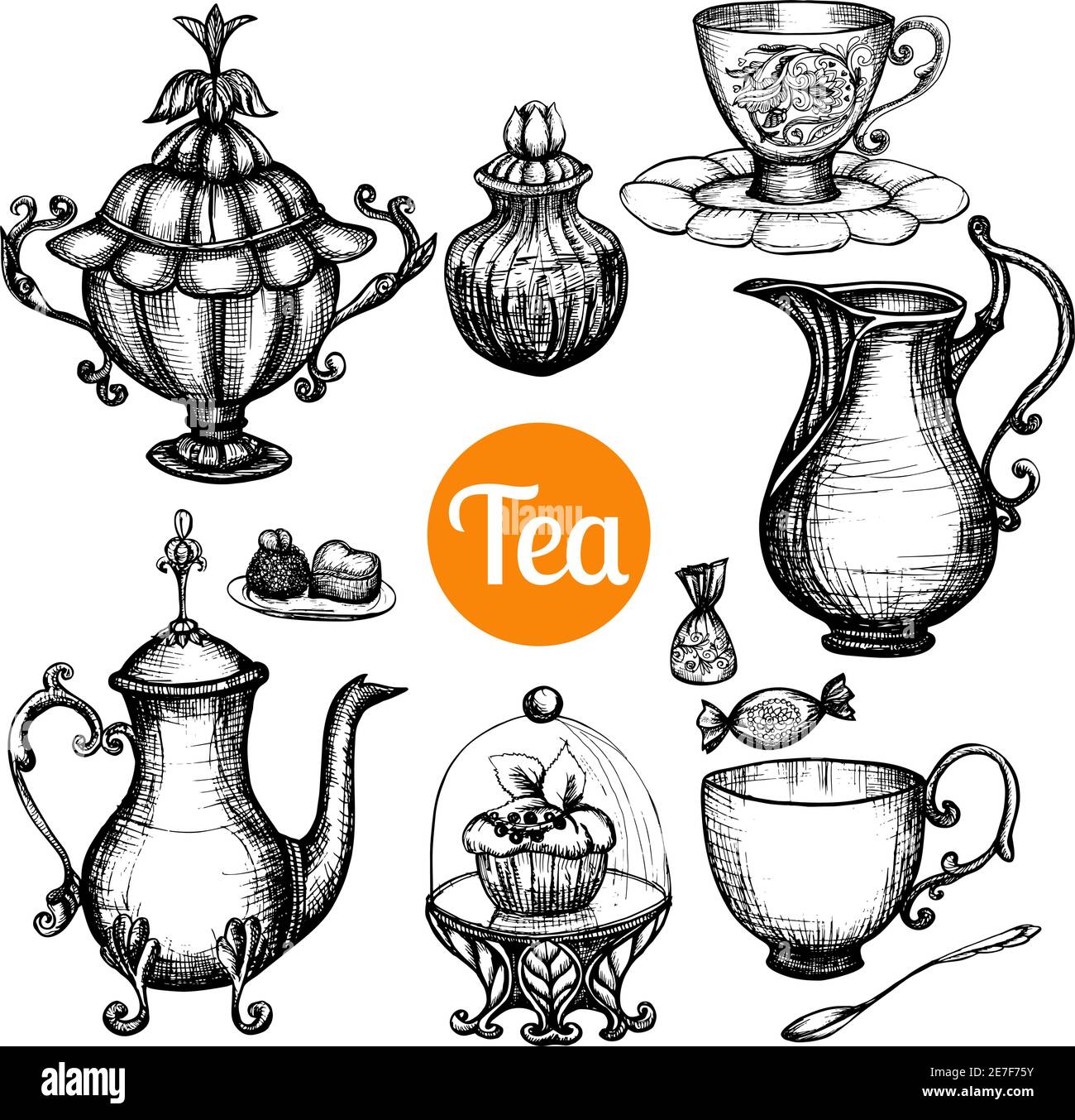 Set da tè retrò disegnato a mano con torta di tazza di teiera isolata illustrazione vettoriale Illustrazione Vettoriale