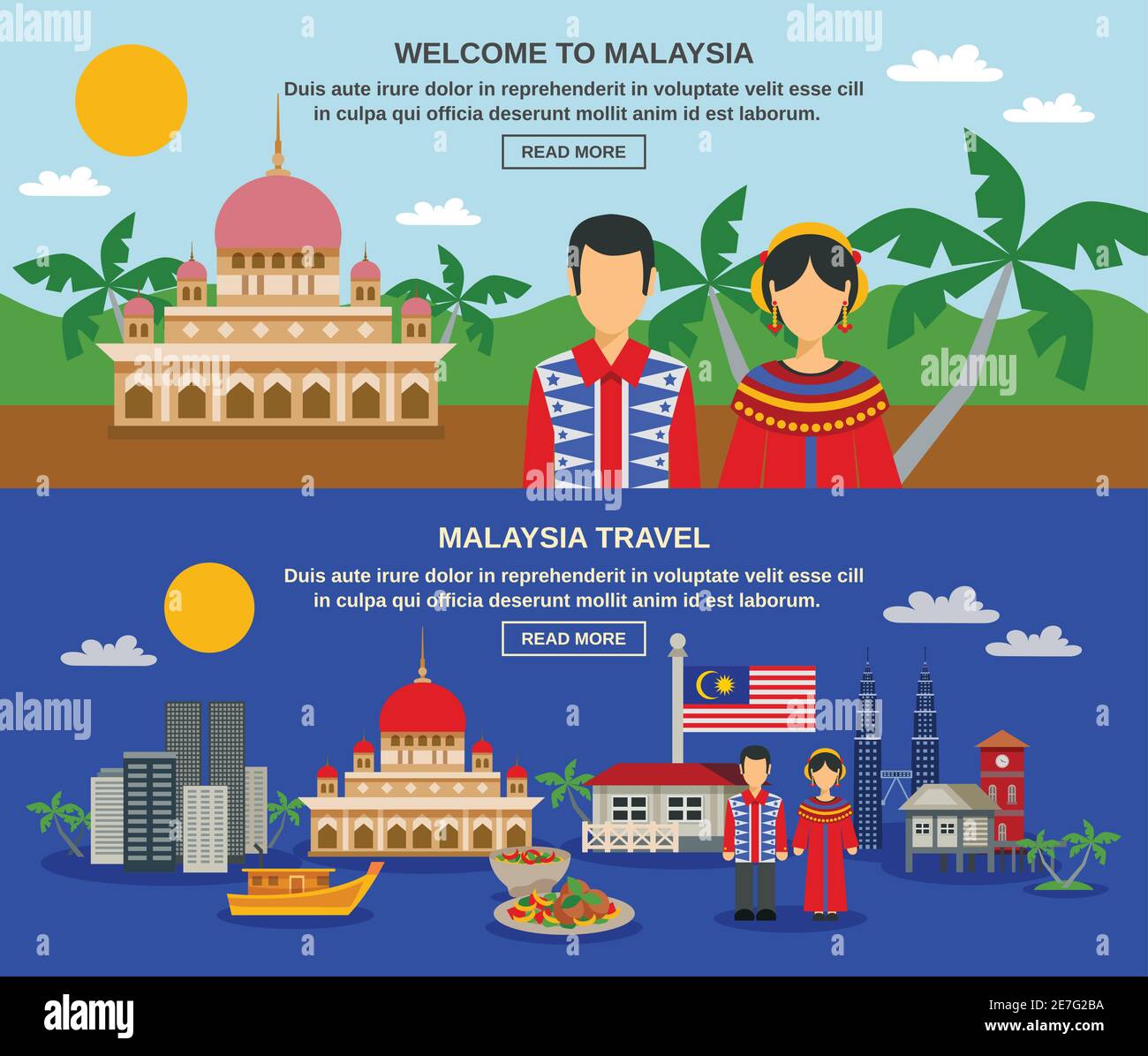 Cultura della Malesia per i viaggiatori con il famoso paesaggio notturno delle torri gemelle 2 striscioni orizzontali piatti composizione vettoriale illustrazione isolata Illustrazione Vettoriale