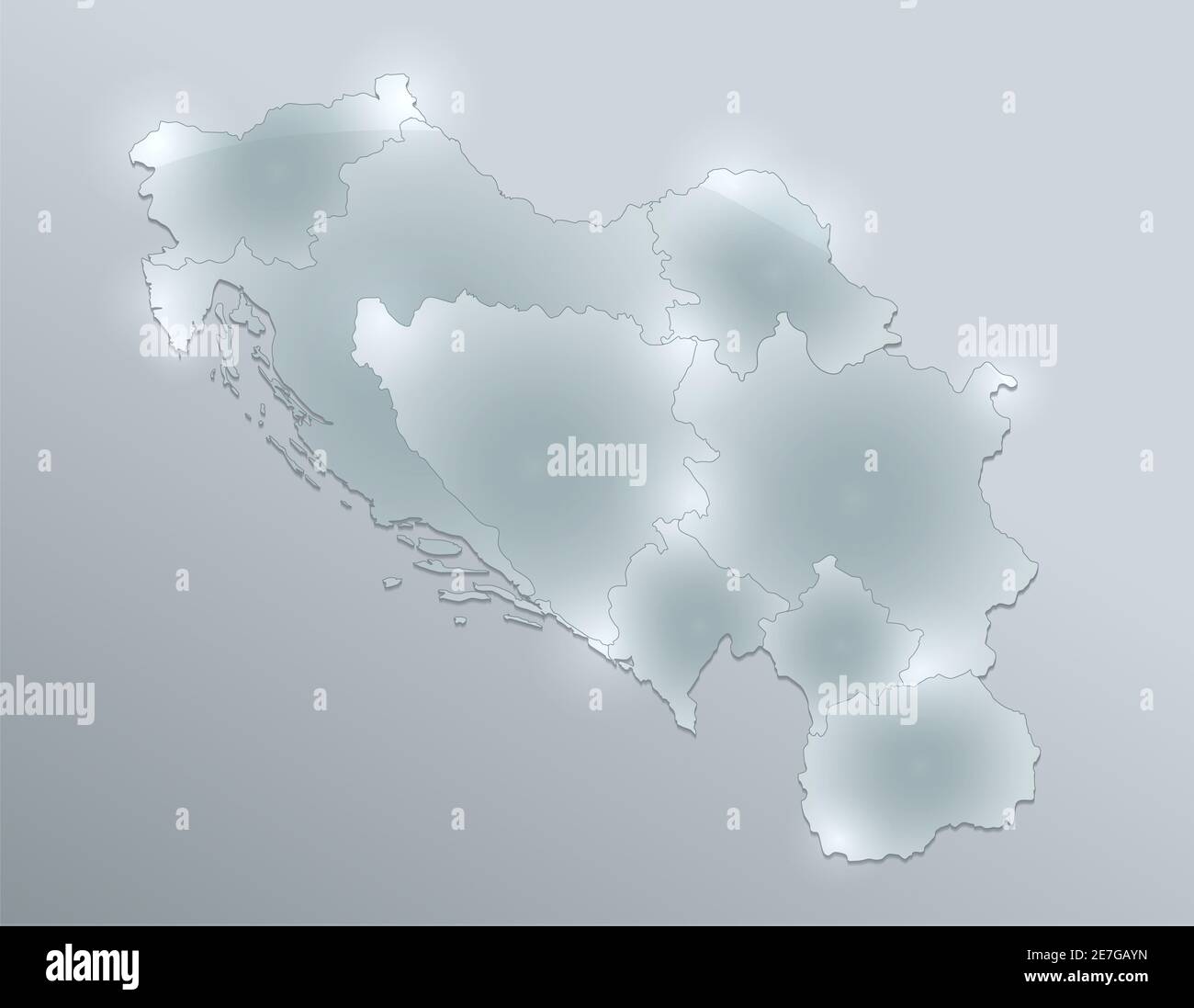 Mappa jugoslava, divisione amministrativa, regioni separate, design vetro scheda 3D, vuoto Foto Stock