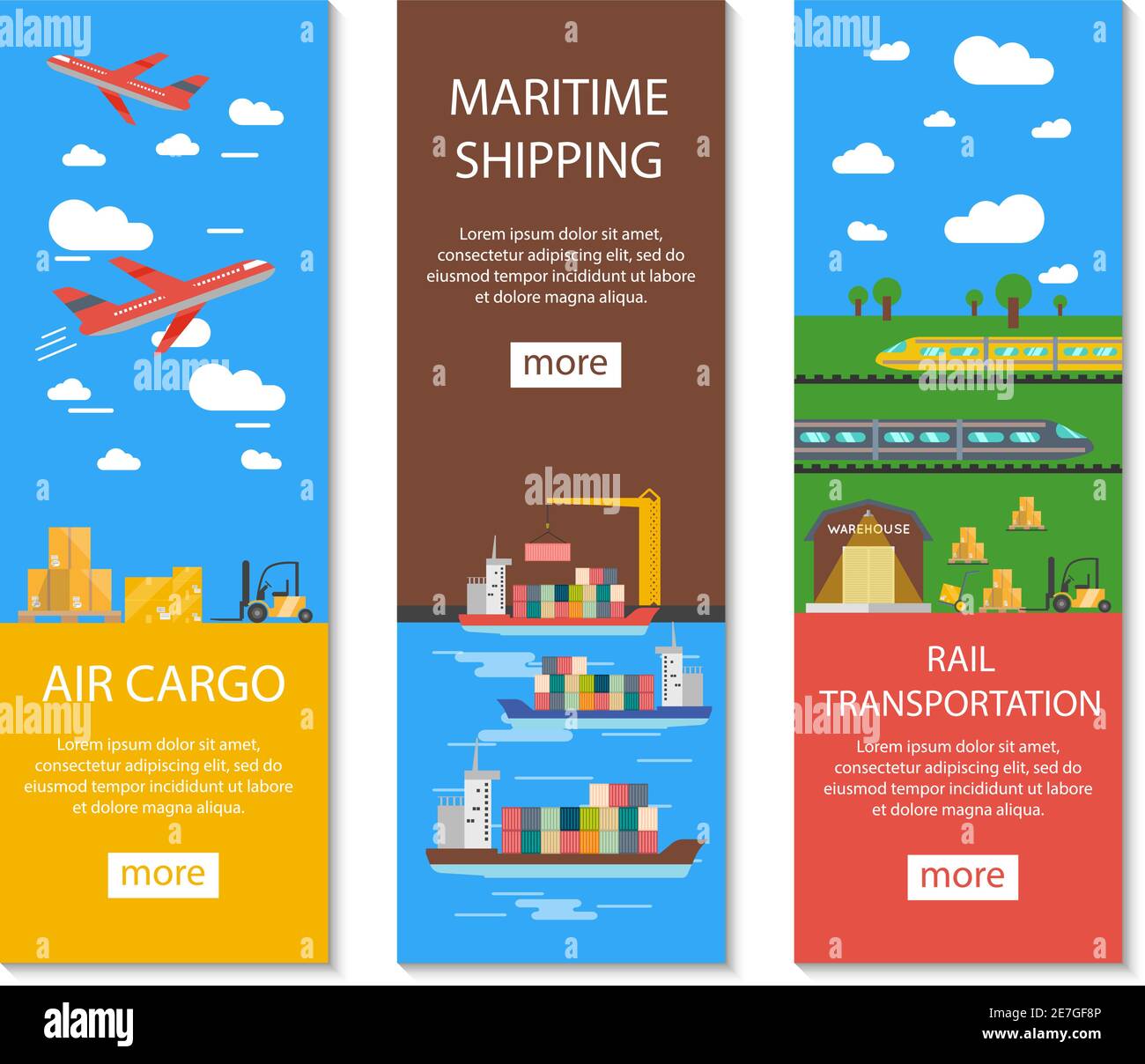 Banner verticali per logistica e consegna con carico aereo marittimo simboli di spedizione e trasporto su rotaia, illustrazione vettoriale isolata e piatta Illustrazione Vettoriale