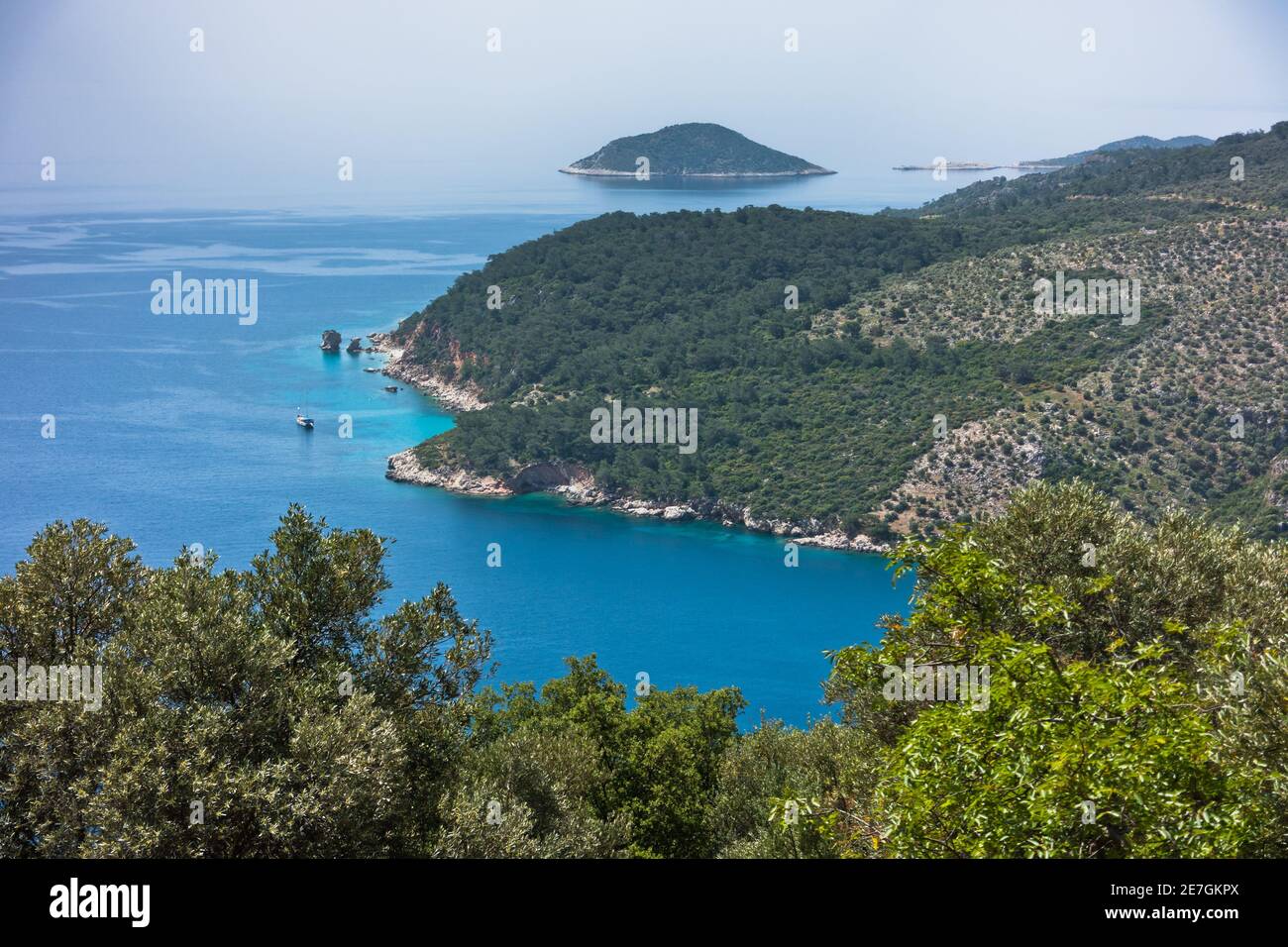 Punto panoramico della costa su un paesaggio che circonda la Via Licia, vicino all'antica Patara, Turchia Foto Stock
