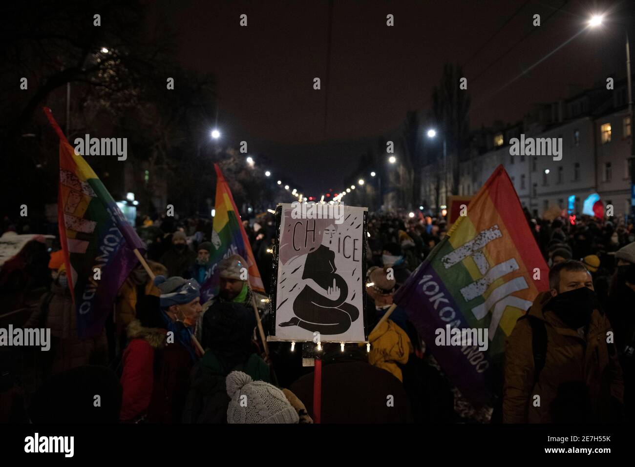 30 gennaio 2021, Varsavia, Varsavia, Polonia: I manifestanti hanno un cartello e bandiere LGBT il 29 gennaio 2021 a Varsavia, Polonia. Migliaia di persone hanno preso parte alla protesta in corso a livello nazionale contro l'inasprimento della legge sull'aborto come oggi ricorre cento giorni dalla sentenza del Tribunale costituzionale, che rende incostituzionale l'aborto in caso di malattia grave e irreversibile del feto. La polizia ha dispiegato diversi blocchi stradali e si sono verificati scontri con i manifestanti che hanno portato agli arresti e all'uso dello spray al pepe contro i manifestanti pacifici. (Immagine di credito: © Aleksander Kalka/FILO ZUMA) Foto Stock