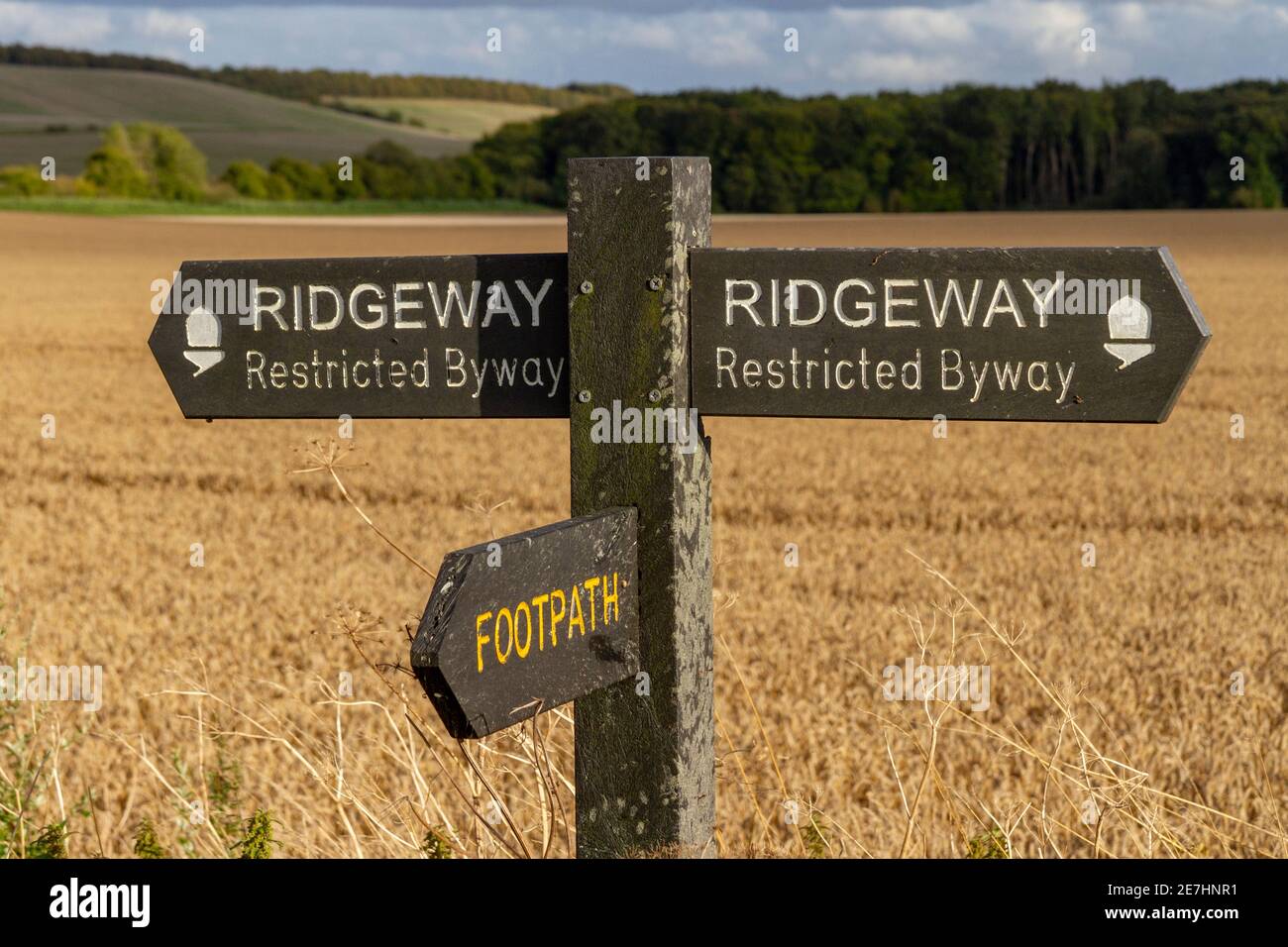 Indicazioni stradali sul sentiero Ridgeway (con accesso limitato) vicino a Wayland's Smithy on the Downs sopra la vale of the White Horse nell'Oxfordshire, Regno Unito Foto Stock