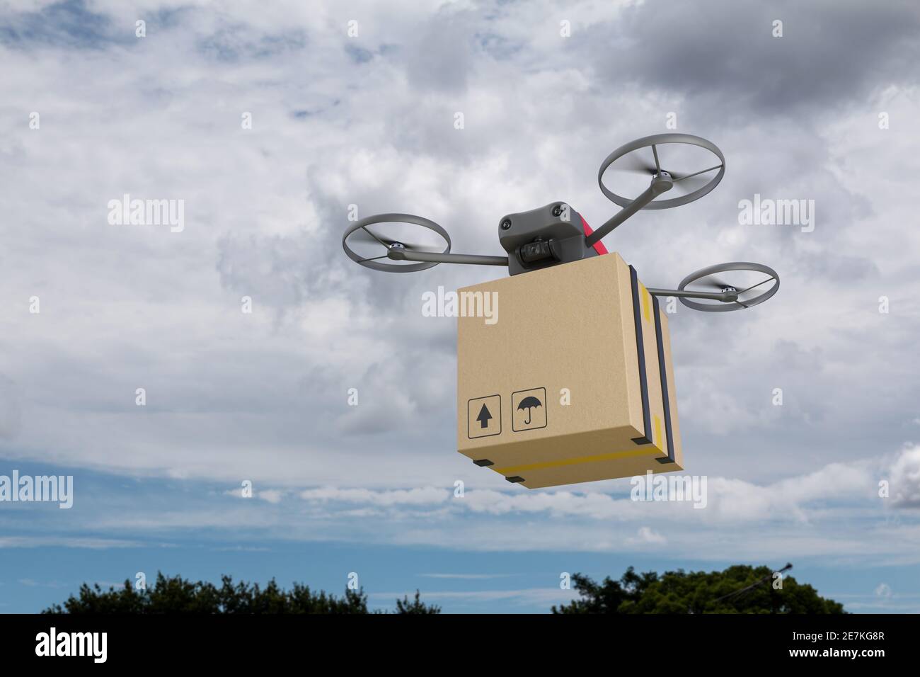 Drone che vola con una scatola di cartone. Concetto di consegna dei droni. illustrazione 3d. Foto Stock