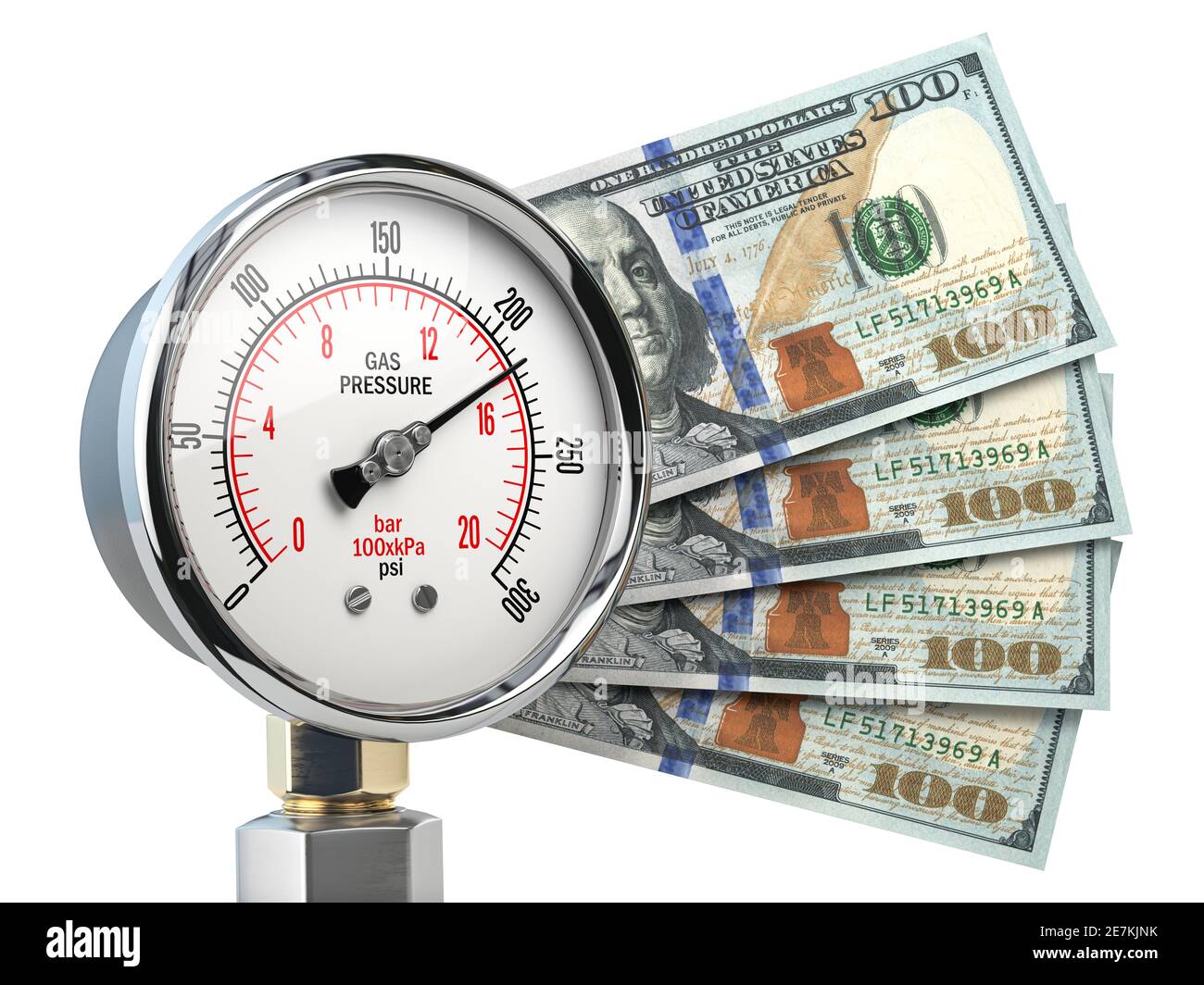 Misuratore di pressione a gas con banconote in dollari. Il prezzo del gas e il concetto di pagamento delle spese di riscaldamento. illustrazione 3d Foto Stock
