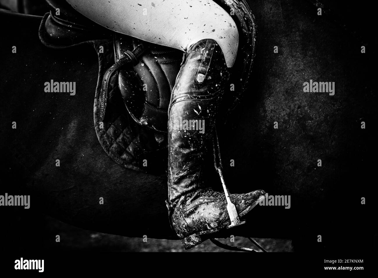 Immagine artistica del pilota a cavallo che mostra scarponi da guida sporchi e scherzi in bianco e nero mentre fuori trascina la caccia legalmente nel regno unito di confine aquile Foto Stock