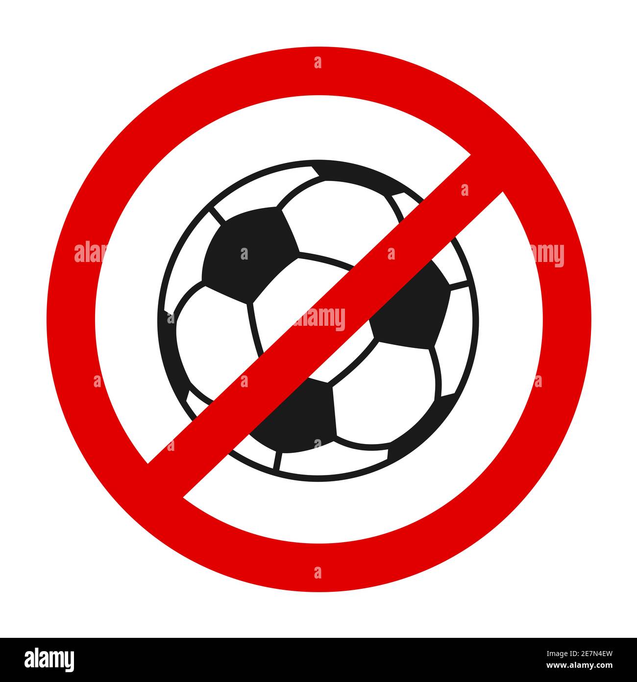 La palla di calcio è attraversata - il calcio è sospeso, abbandonato, proibito e vietato. Interdizione del gioco sportivo. Illustrazione vettoriale isolata in bianco Foto Stock