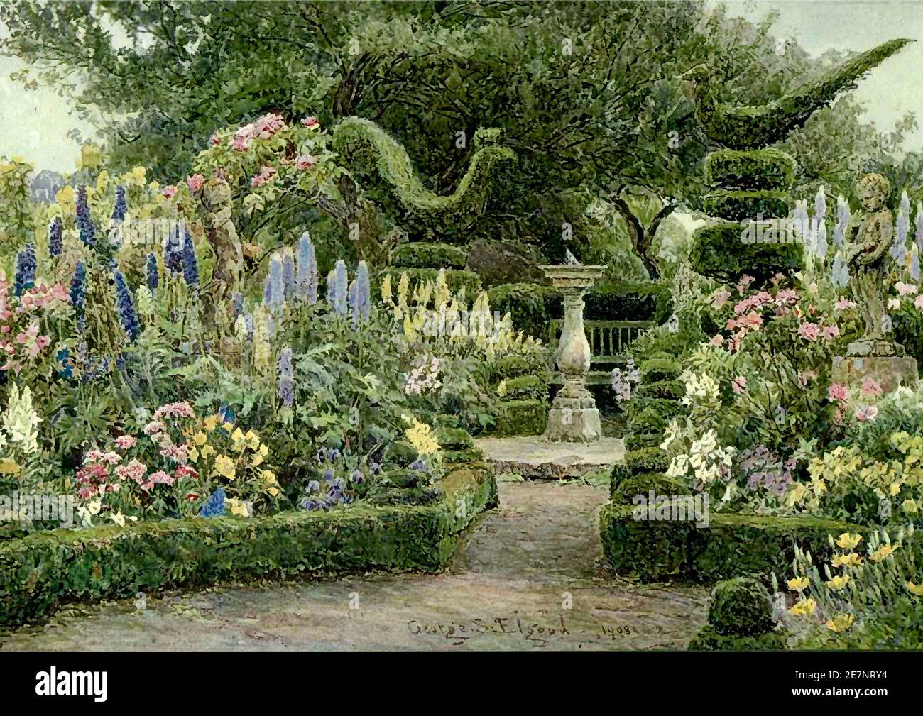 Vintage George Samuel Elgood painting - il Dial Garden at Markfield [che è chiamato Raunscliffe nella didascalia] Leicestershire, Inghilterra - 1900's. Foto Stock