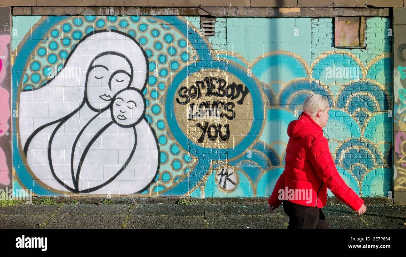 Glasgow, Scotland, UK.30th gennaio, 2021, Lockdown Sabato crescente vista in città sono le gentilezza personali che invoca la salute mentale. La miseria continua almeno la pioggia fermata come strade deserte nel centro città le aree commerciali si basa in manifesti e wall art come un sostituto per la vita. Credit Gerard Ferry/Alamy Live News Foto Stock