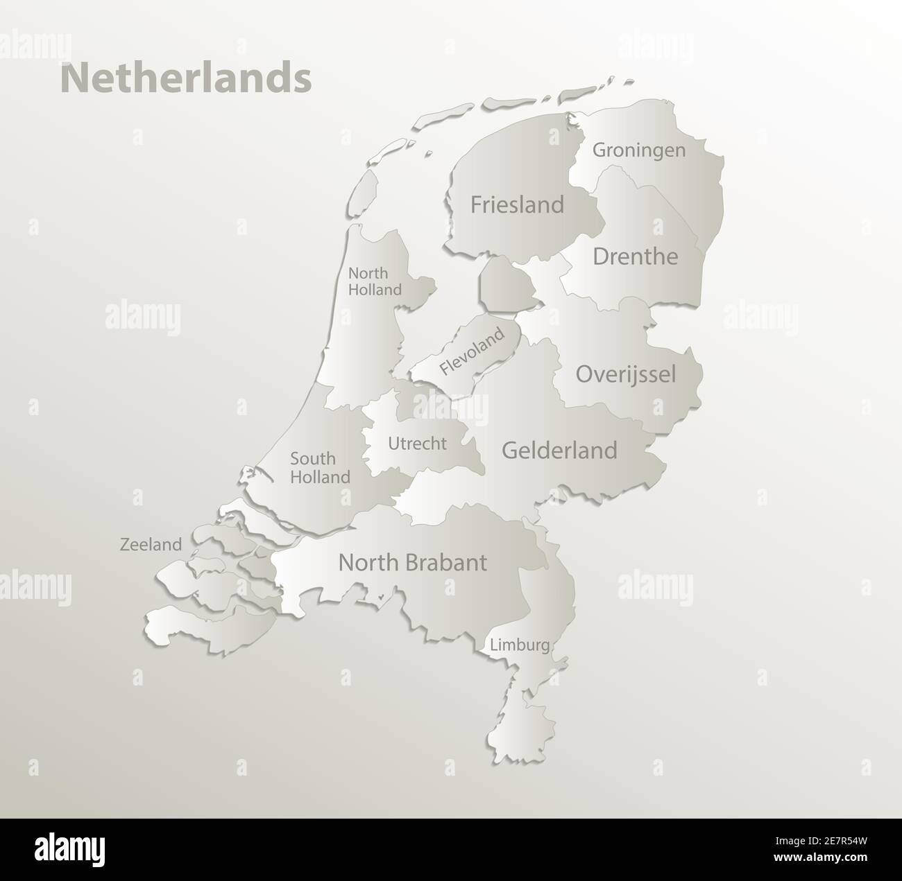 Mappa dei Paesi Bassi, divisione amministrativa, regioni separate con nomi di singole regioni, cartoncino vettore naturale 3D Illustrazione Vettoriale