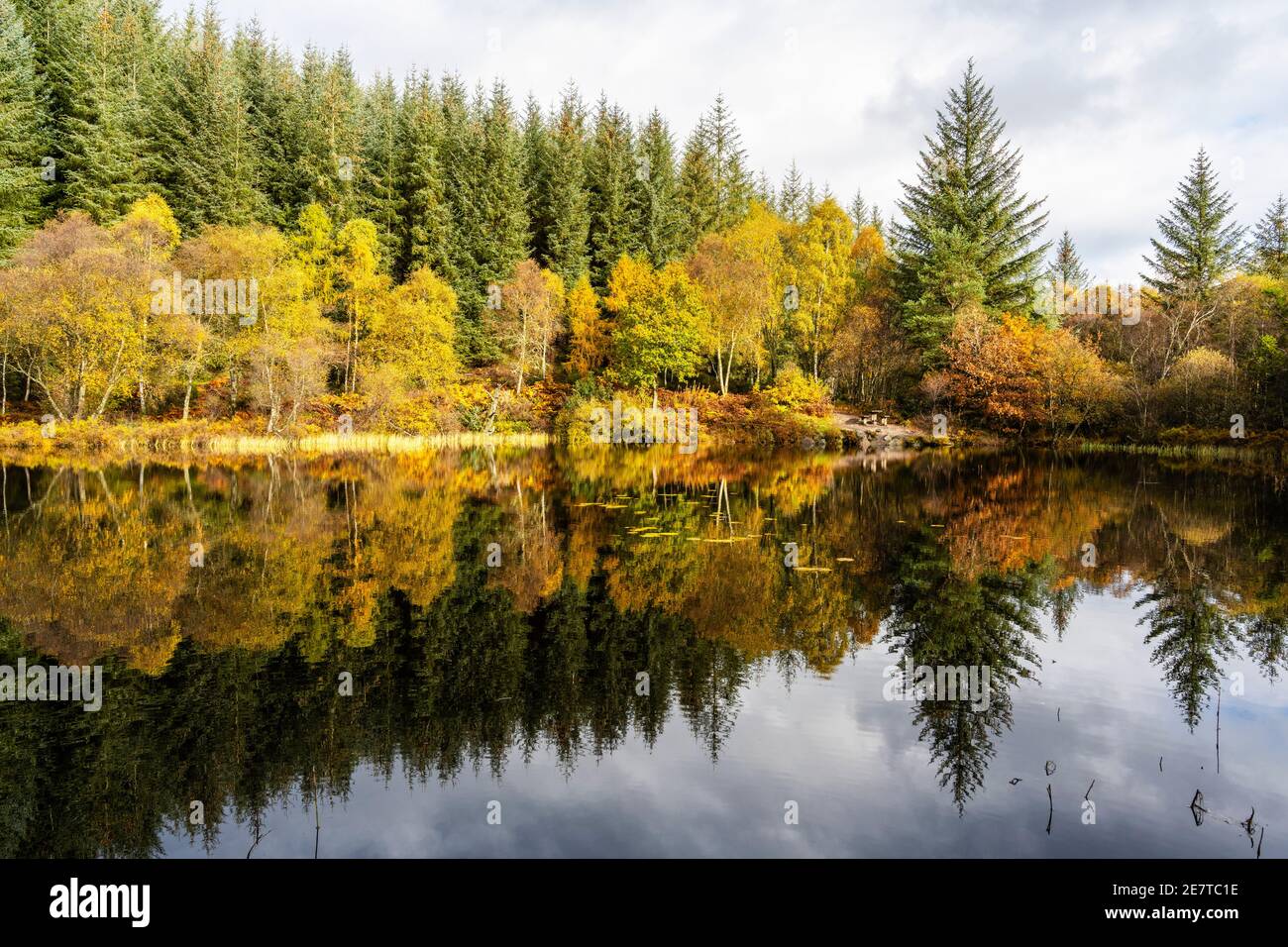 Riflessioni autunnali su Lochan Spling nella Loch Ard Forest, Aberfoyle, Scozia, Regno Unito Foto Stock