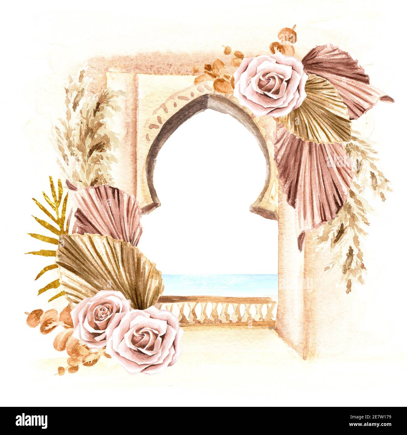 Boho fiori bouquet e foglie di palma con elementi di architettura mediterranea, Nord Africa. Illustrazione di acquerello disegnata a mano isolata su bianco b Foto Stock