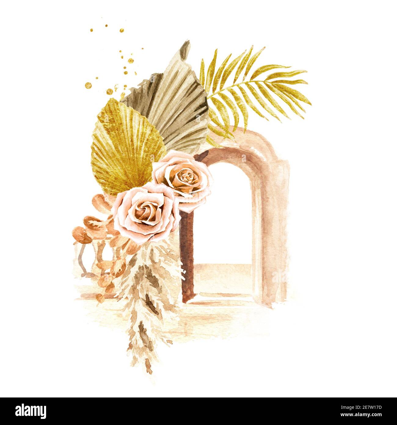 Boho bouquet di fiori di rosa e foglie di palma essiccati con elementi di architettura mediterranea, Nord Africa. Immagine acquerello disegnata a mano isola Foto Stock