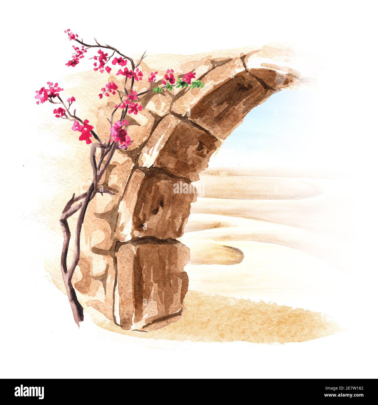 Antico arco di pietra, architettura del Mediterraneo, Nord Africa o Marocco. Illustrazione di acquerello disegnata a mano isolata su sfondo bianco Foto Stock