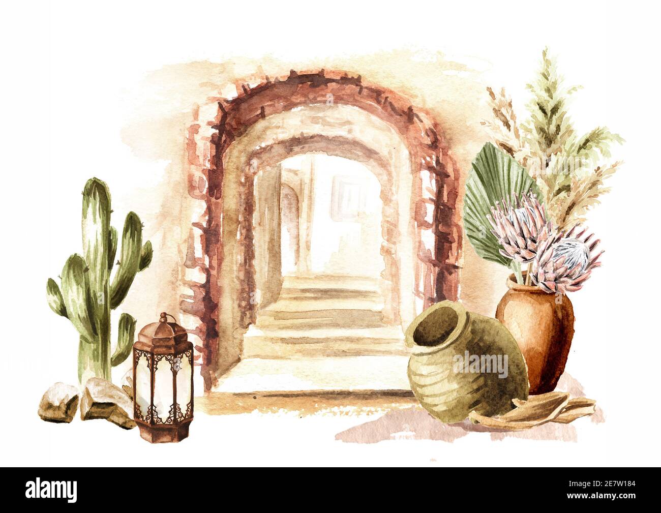 Vecchia architettura del Mediterraneo, del Nord Africa o del Marocco. Caraffe e fiori. Illustrazione di acquerello disegnata a mano isolata su sfondo bianco Foto Stock