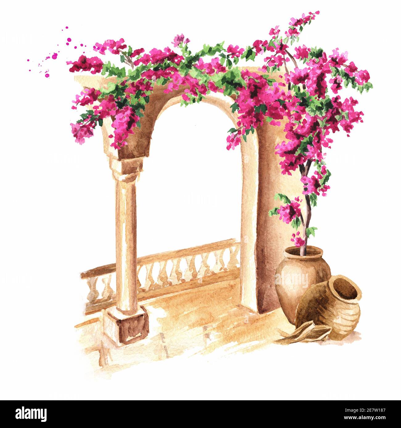 Architettura antica del Mediterraneo, Africa del Nord o Marocco. Fiori di bougainvillea. Illustrazione di acquerello disegnata a mano isolata su sfondo bianco Foto Stock