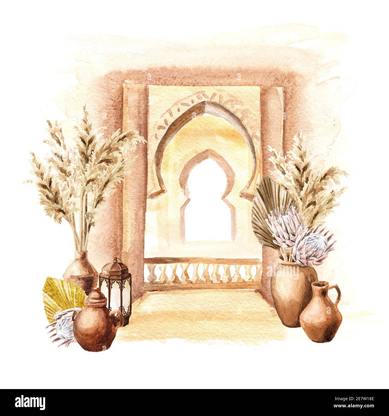 Boho bouquet di fiori di rosa e foglie di palma essiccati con elementi di architettura mediterranea, Nord Africa. Isolamento illustrazione acquerello disegnata a mano Foto Stock