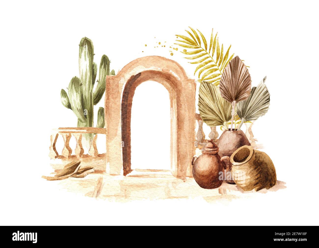 Antica architettura del Mediterraneo, Nord Africa. Caraffe e fiori. Illustrazione di acquerello disegnata a mano isolata su sfondo bianco Foto Stock