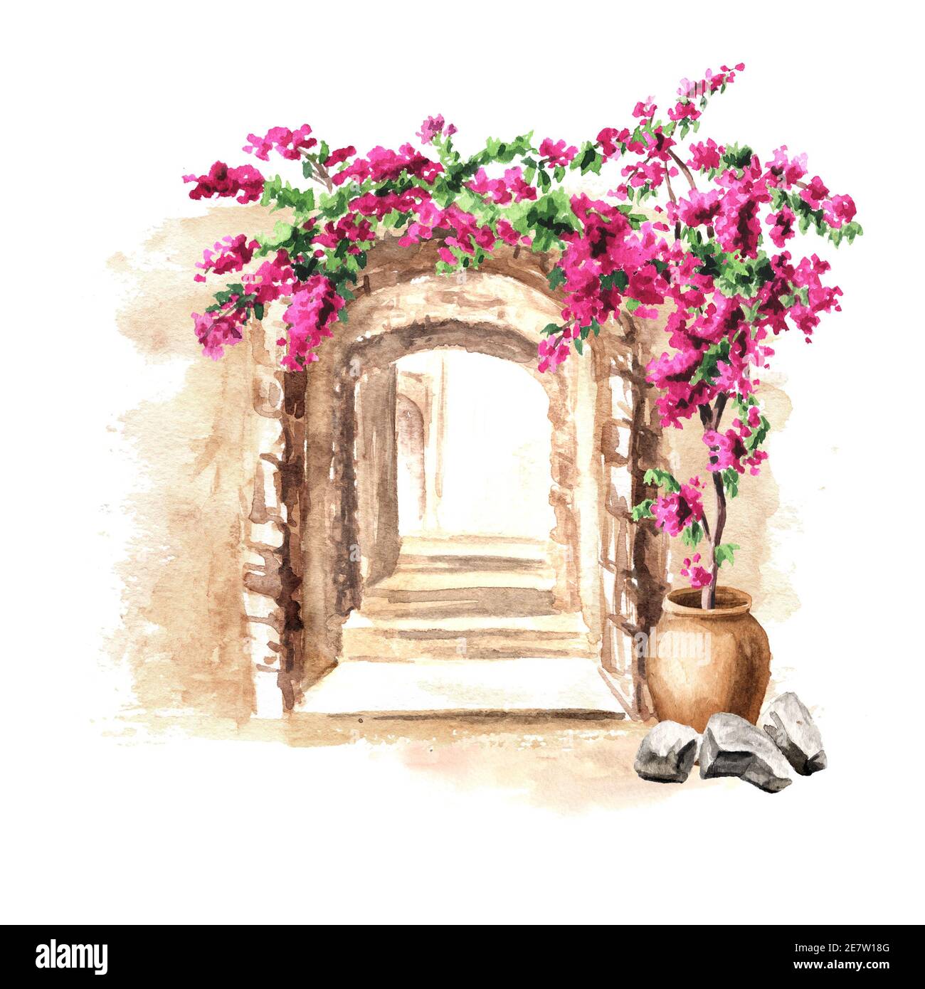 Architettura antica del Mediterraneo, Africa del Nord o Marocco. Fiori di bougainvillea. Illustrazione di acquerello disegnata a mano isolata su sfondo bianco Foto Stock
