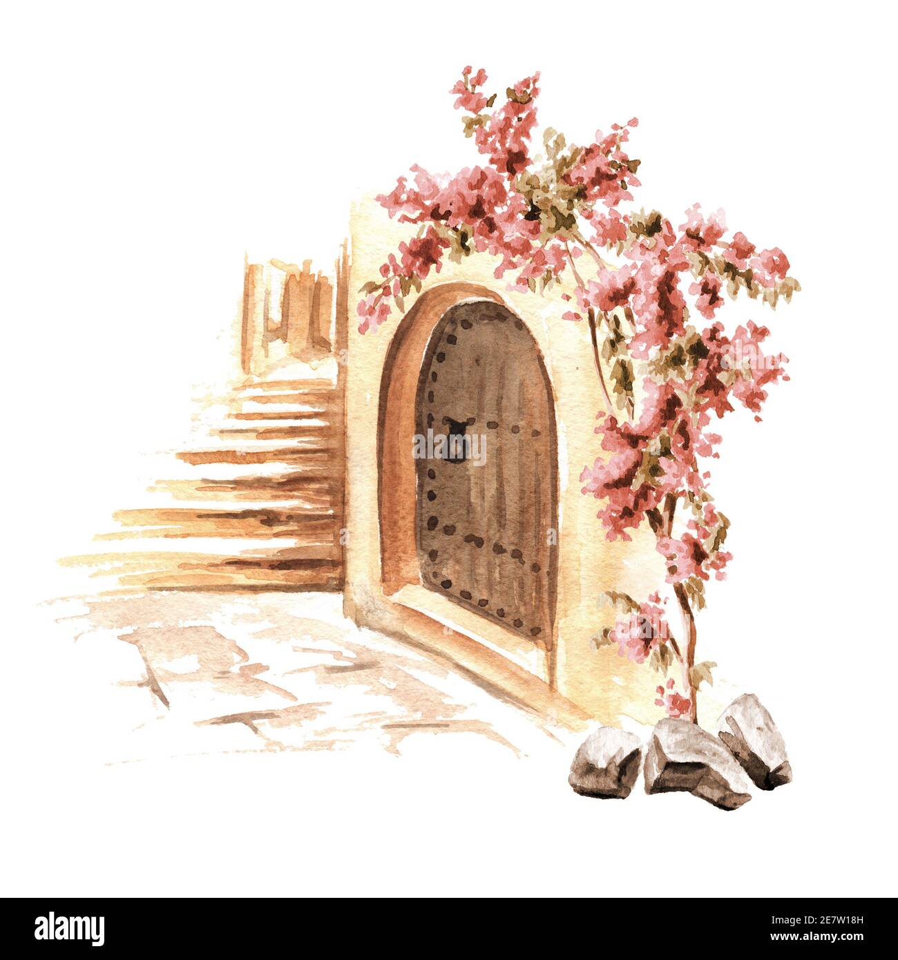Vecchia architettura del Mediterraneo, Africa del Nord o Marocco, fiori di bouganville, illustrazione disegnata a mano acquerello isolato su sfondo bianco Foto Stock