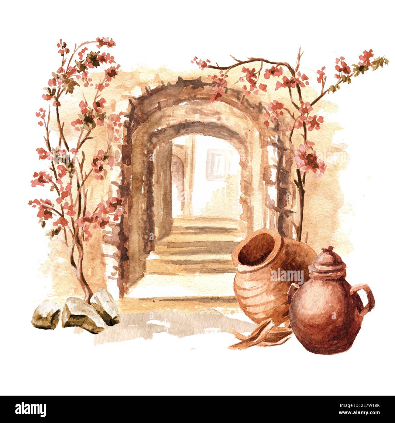 Vecchia architettura del Mediterraneo, del Nord Africa o del Marocco. Caraffe e fiori di bougainvillea. Illustrazione di acquerello disegnata a mano isolata su whit Foto Stock