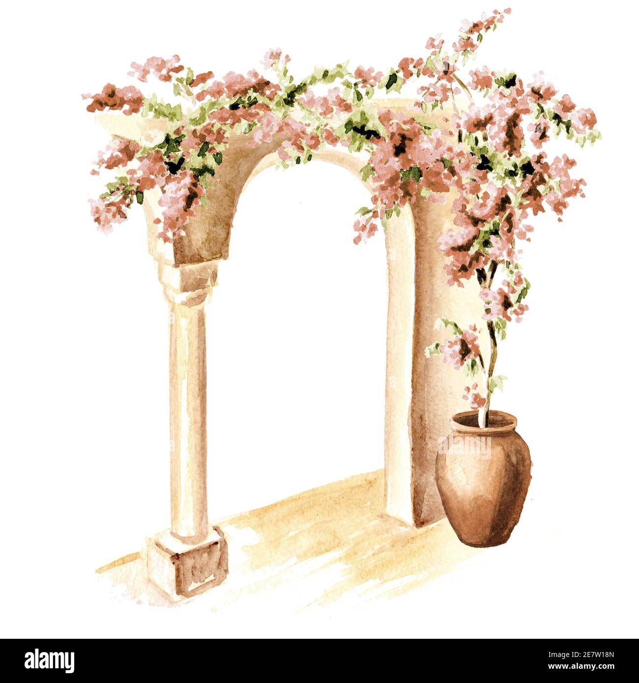 Architettura antica del Mediterraneo, Africa del Nord o Marocco. Fiori di bouganville, illustrazione disegnata a mano acquerello isolato su sfondo bianco Foto Stock