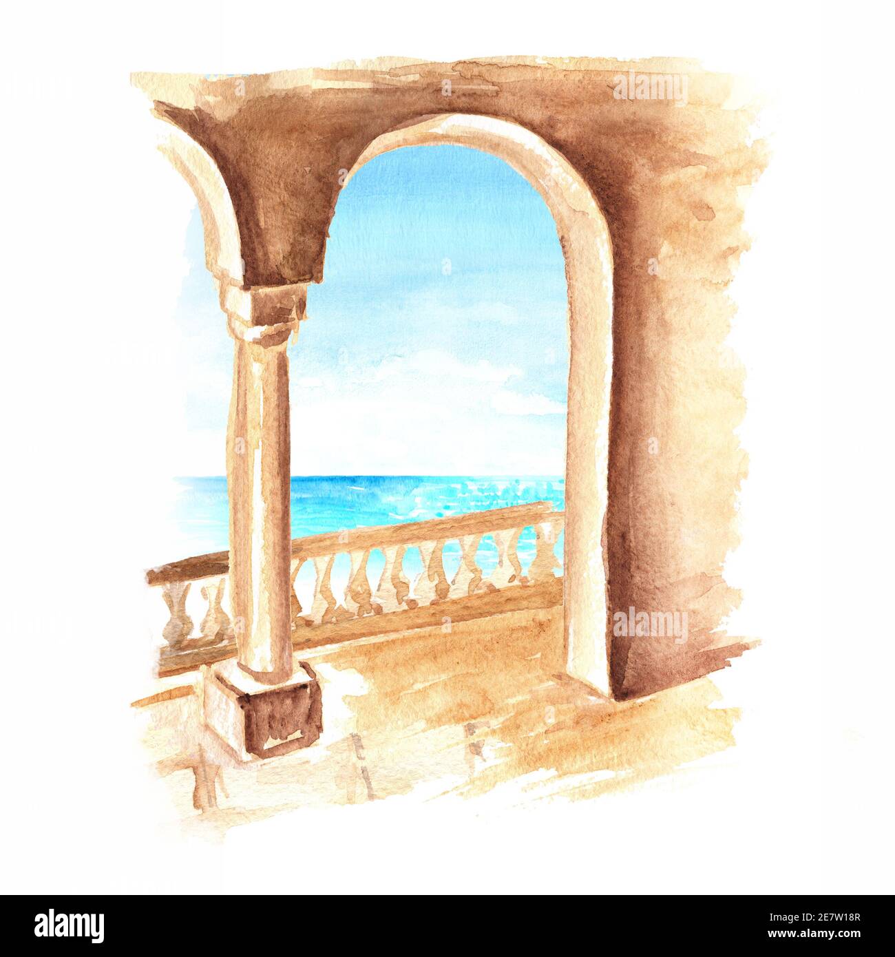 Vecchia architettura del Mediterraneo, del Nord Africa o del Marocco. Illustrazione di acquerello disegnata a mano isolata su sfondo bianco Foto Stock