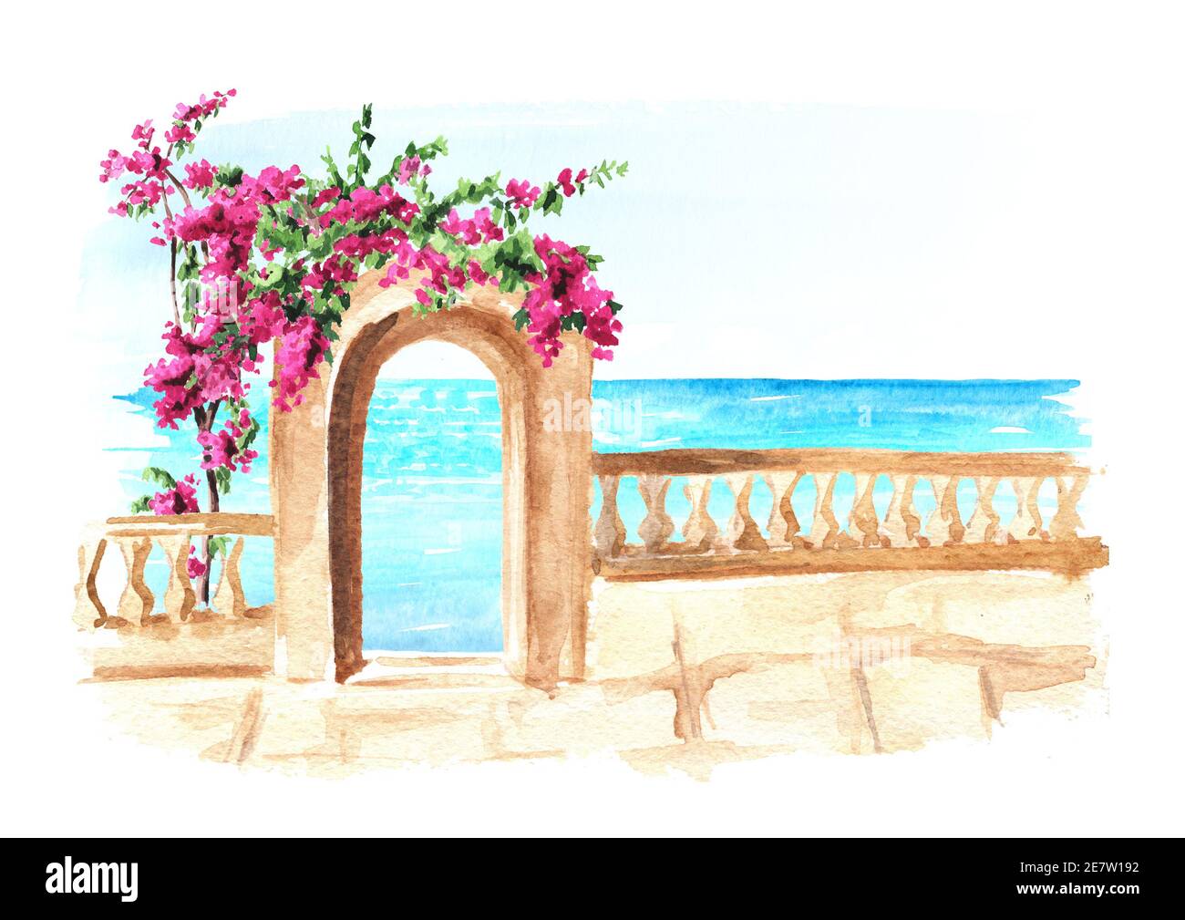Antica architettura del Mediterraneo o del Nord Africa, mare e fiori di bouganville. Illustrazione di acquerello disegnata a mano isolata su sfondo bianco Foto Stock
