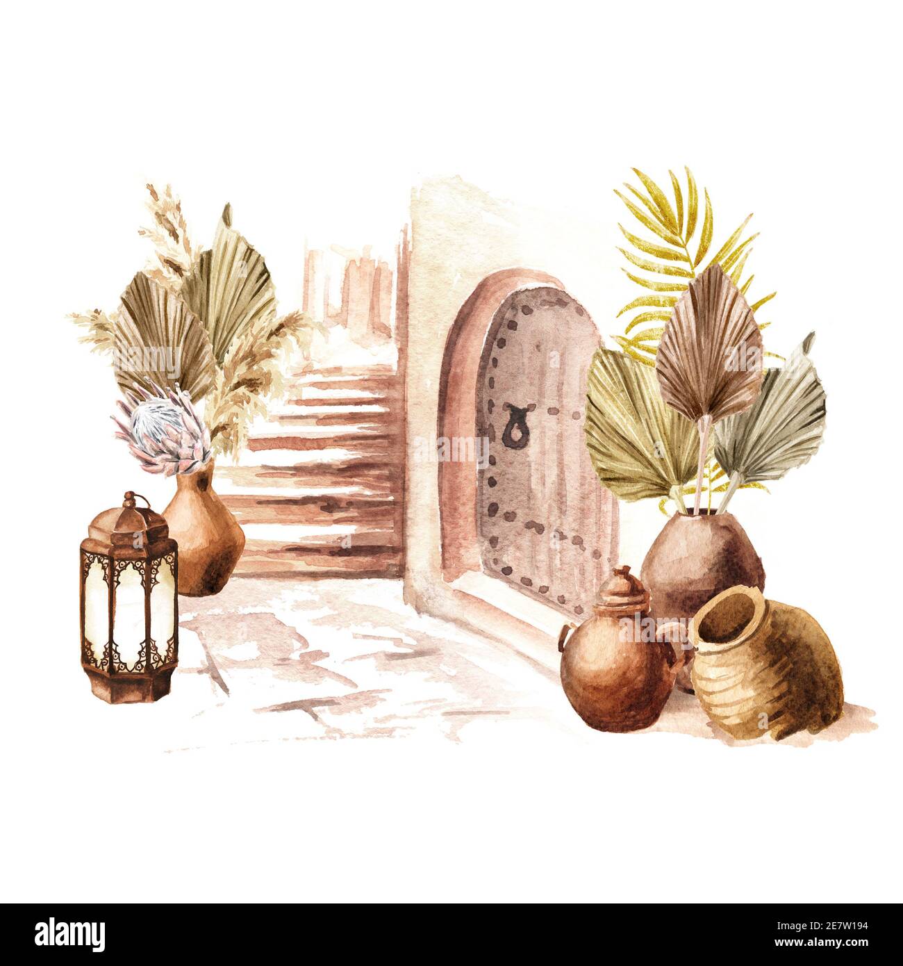 Vecchia architettura del Mediterraneo, del Nord Africa o del Marocco. Caraffe e fiori, illustrazione disegnata a mano acquerello isolato su sfondo bianco Foto Stock
