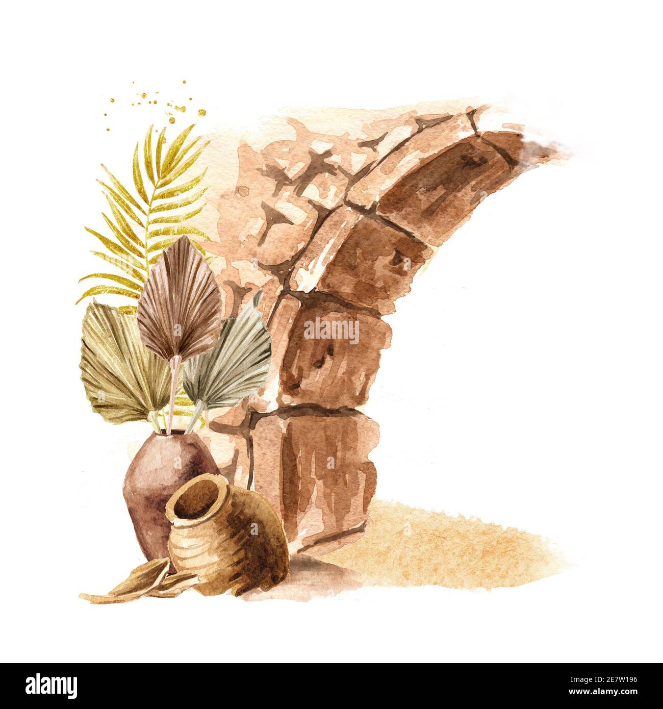 Antico arco di pietra, architettura del Mediterraneo, Nord Africa o Marocco. Illustrazione di acquerello disegnata a mano, isolata su sfondo bianco Foto Stock