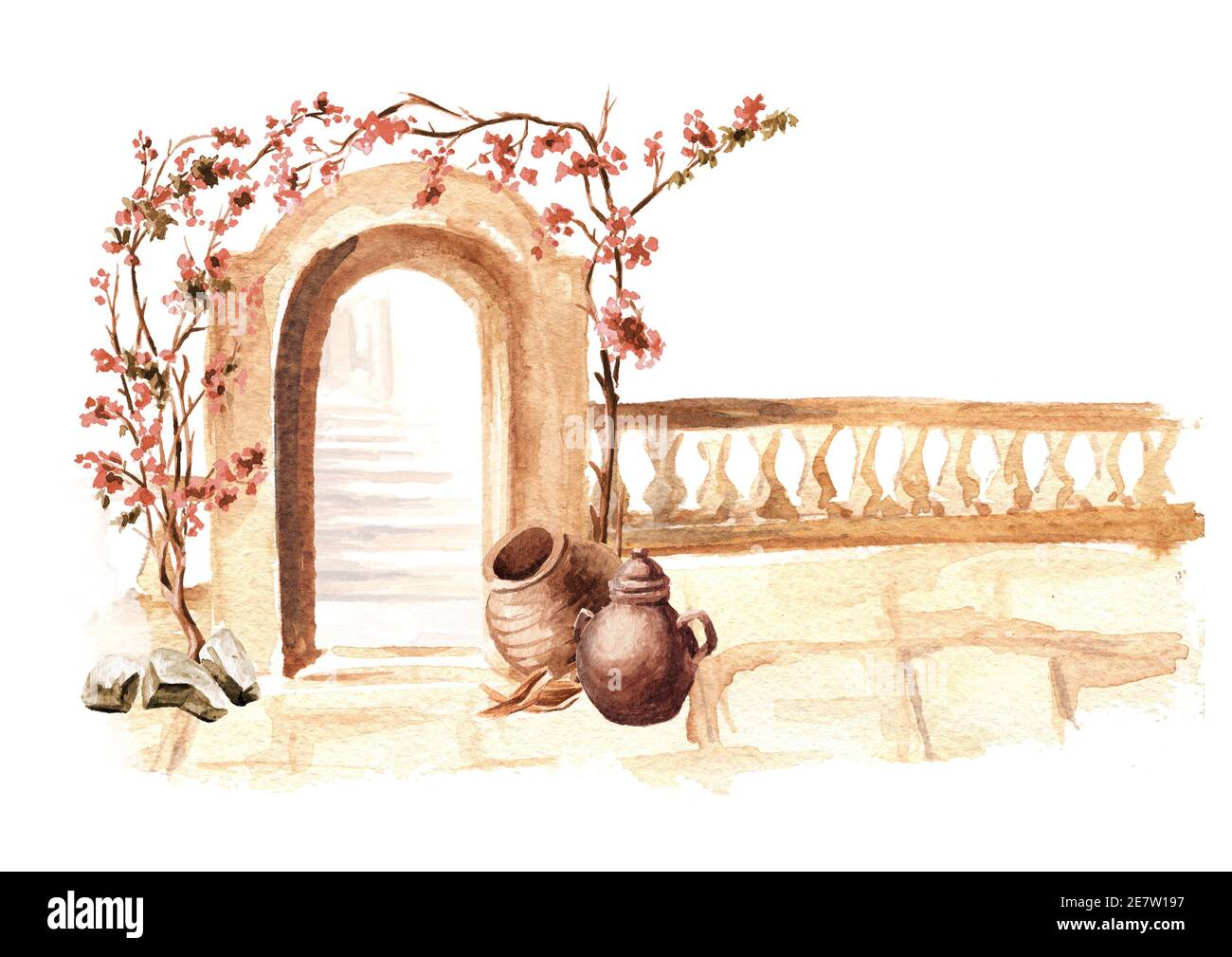 Antica architettura del Mediterraneo, Nord Africa. Caraffe e fiori di bougainvillea. Illustrazione di acquerello disegnata a mano isolata su sfondo bianco Foto Stock